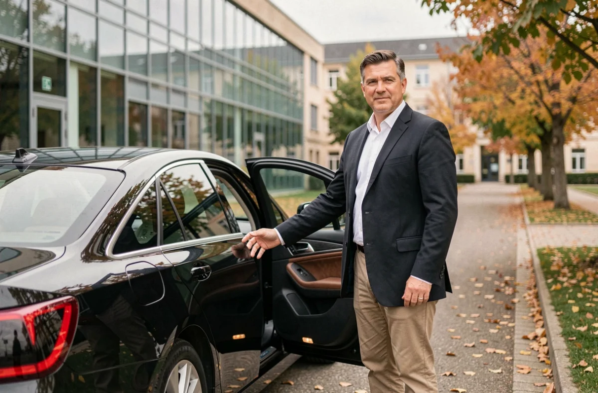 Chauffeur privé ouvrant la portière d'une berline noire devant le campus de Talence près de Bordeaux, illustrant le service Regis Drive
