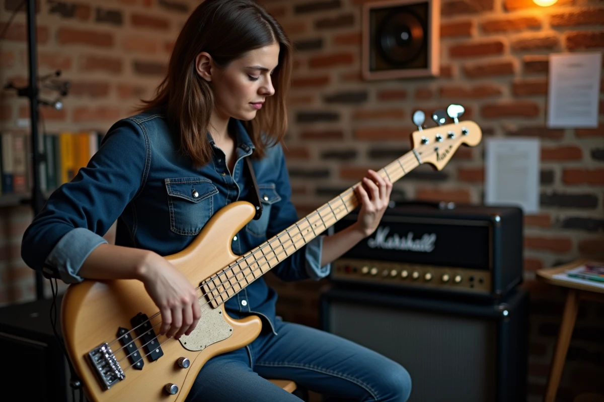 Bassiste mesurant l'action des cordes d'une basse électrique en frêne naturel dans un home studio