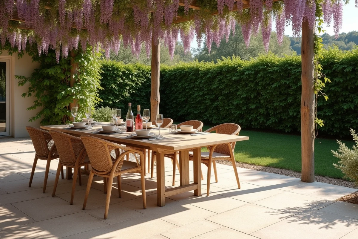Table de repas en bois sur terrasse travertin brossé sous une pergola de glycine dans le Languedoc