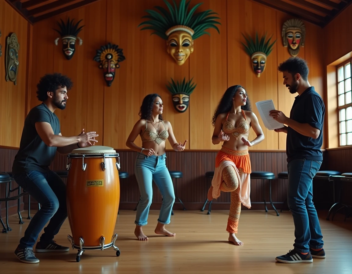Groupe de musiciens et danseurs brésiliens en répétition dans une école de samba, tambours, costumes et décors de carnaval