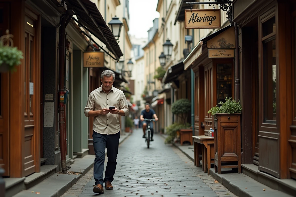 Vue de rue du Faubourg Saint-Antoine à Paris avec ses ateliers d'artisans et ses enseignes traditionnelles, quartier historique souvent confondu avec la marque Faubourg de Paris
