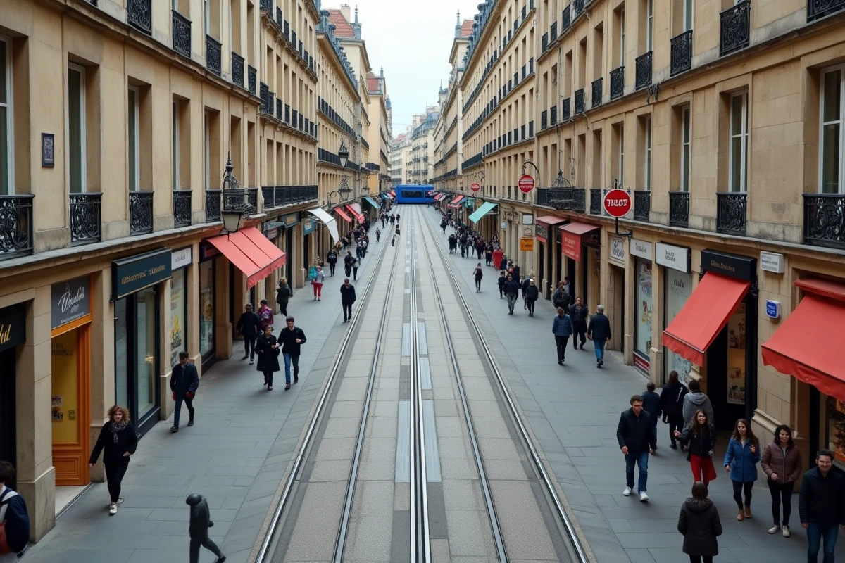 Vue aérienne de la rue Sainte-Catherine à Bordeaux avec les rails du tramway intégrés dans la zone piétonne commerçante
