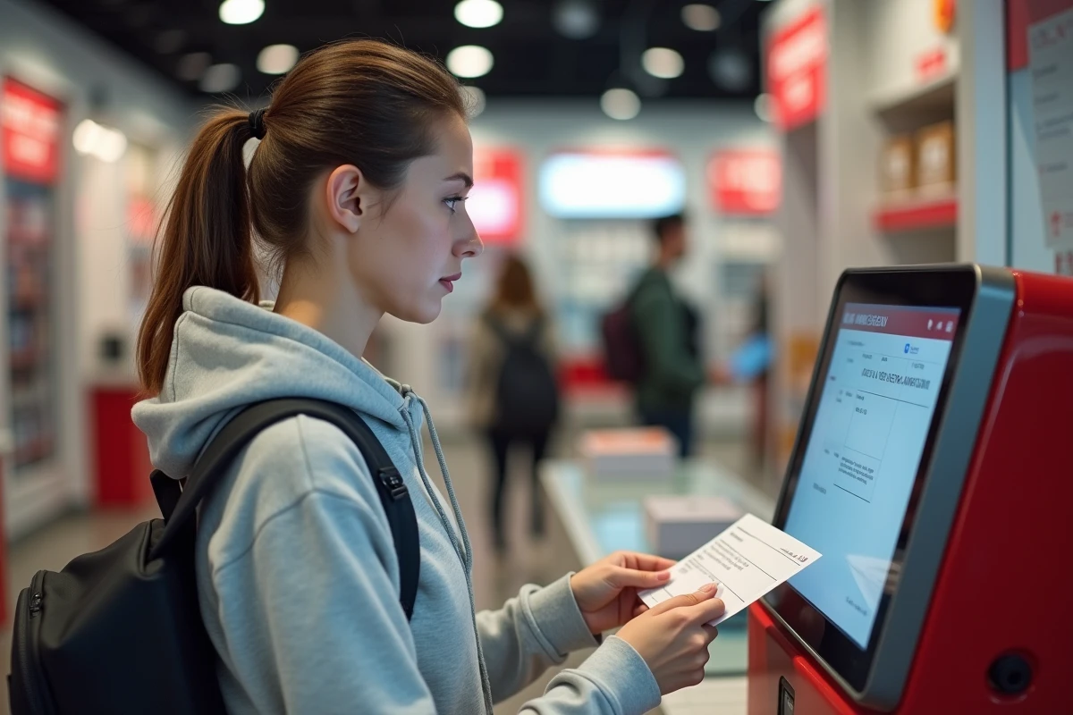 Femme scannant une étiquette de retour produit sur une borne Colissimo en libre-service dans un bureau de poste