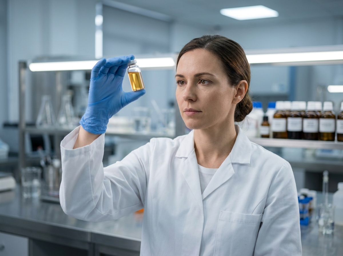 Scientifique en blouse blanche analysant un flacon de liquide Pulp doré dans un laboratoire de formulation cosmétique moderne