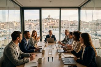 Équipe professionnelle en séminaire d'entreprise dans une salle de conférence moderne avec vue sur le Vieux-Port de Marseille