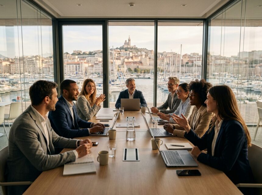 Équipe professionnelle en séminaire d'entreprise dans une salle de conférence moderne avec vue sur le Vieux-Port de Marseille