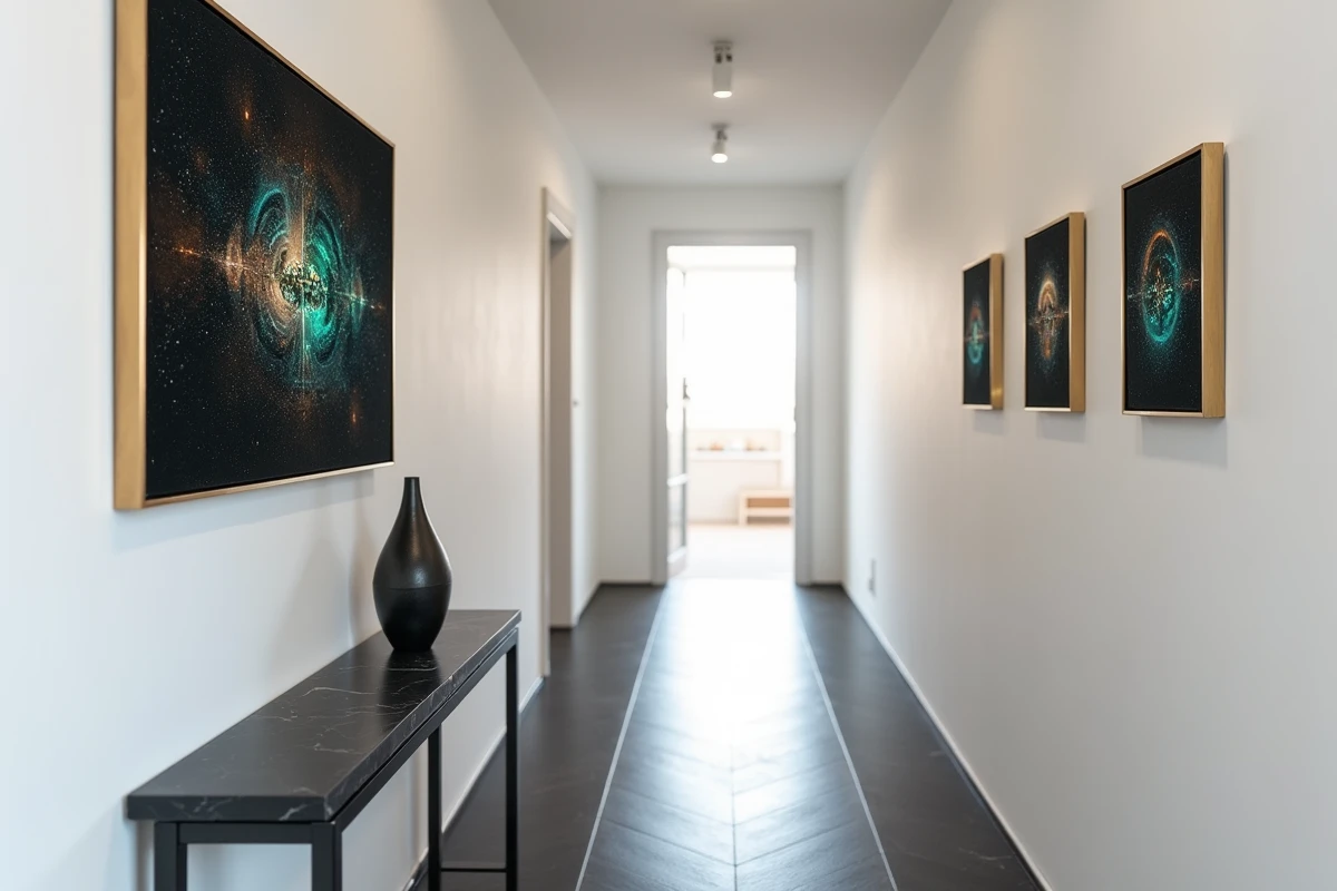 Couloir d'appartement moderne décoré d'une série de trois peintures futuristes encadrées en laiton brossé sur mur blanc, avec sol en marbre sombre
