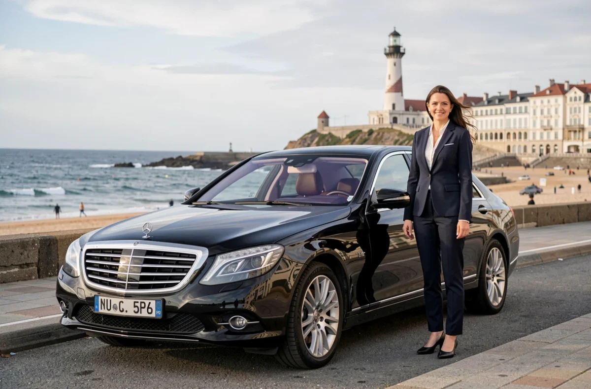 Chauffeuse VTC en tenue professionnelle devant une berline noire sur le front de mer de Biarritz, illustrant le service Smart Moov au Pays basque