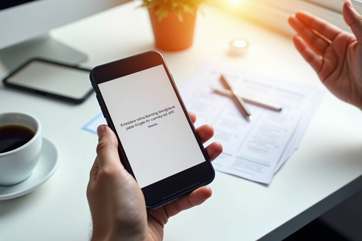 Smartphone avec application bancaire erreur sur bureau lumineux