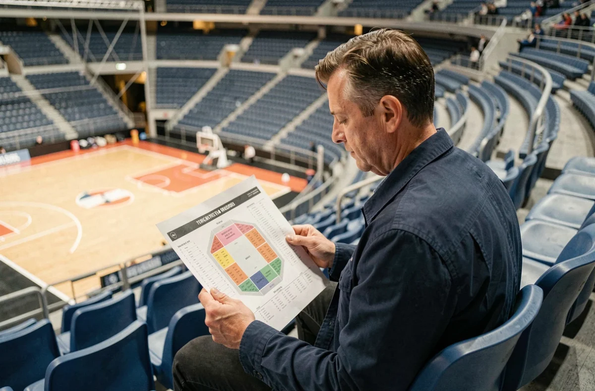 Spectateur consultant un plan de salle de l'Accor Arena Paris assis dans un gradin pour choisir sa place avant un événement sportif