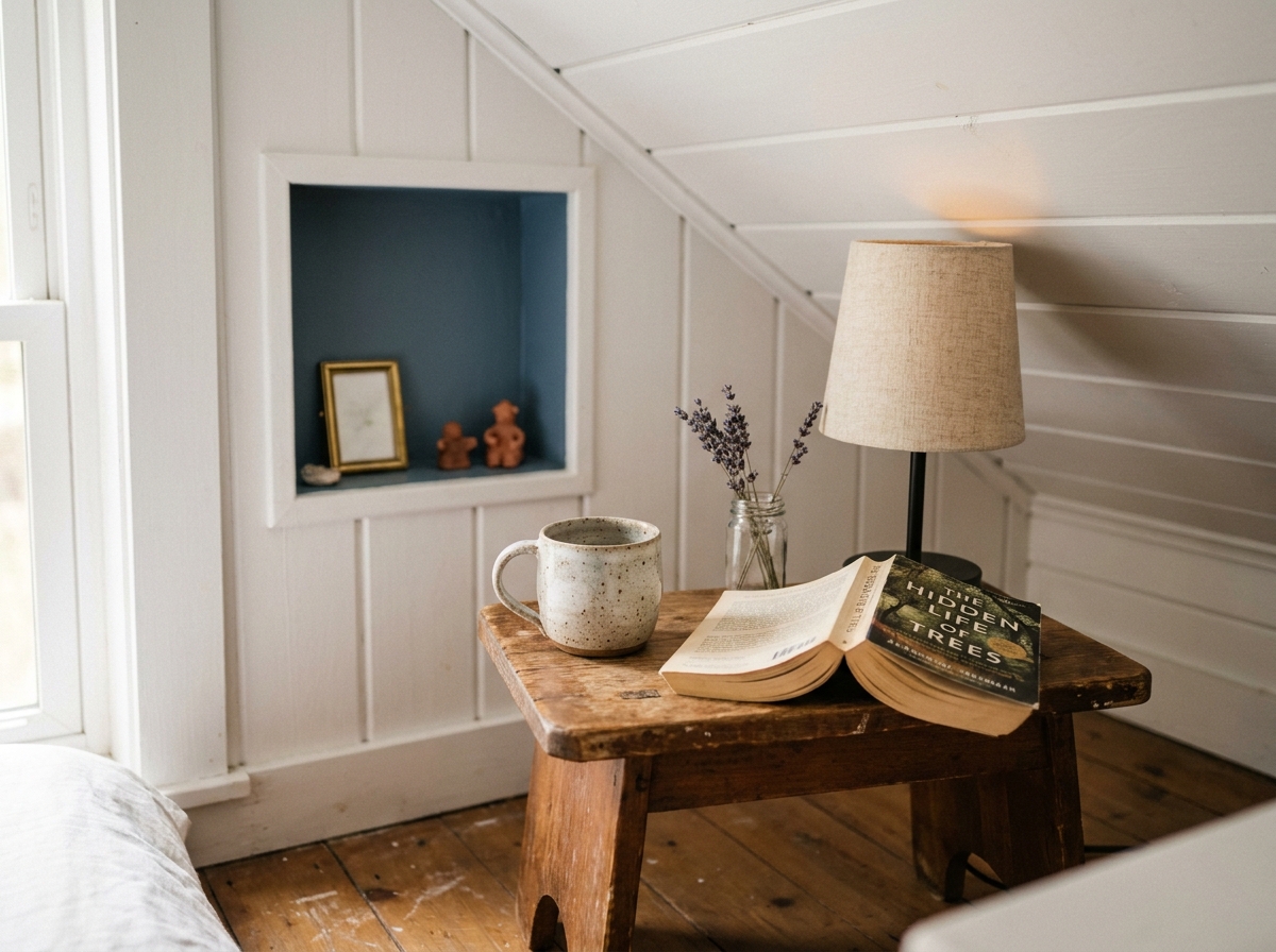 Table de chevet rustique en bois avec lampe de lecture sous une niche bleue dans un coin nuit de duplex