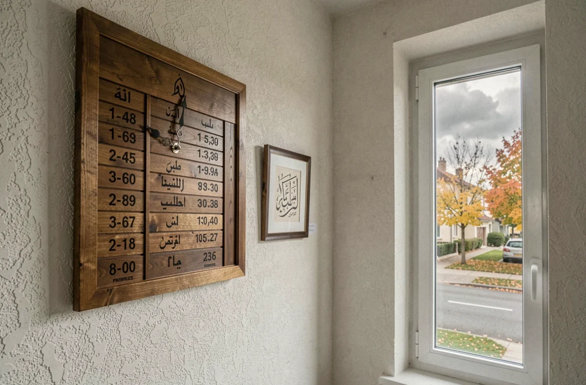 Tableau d'horaires de prière affiché dans une salle de prière avec vue sur une rue de banlieue française
