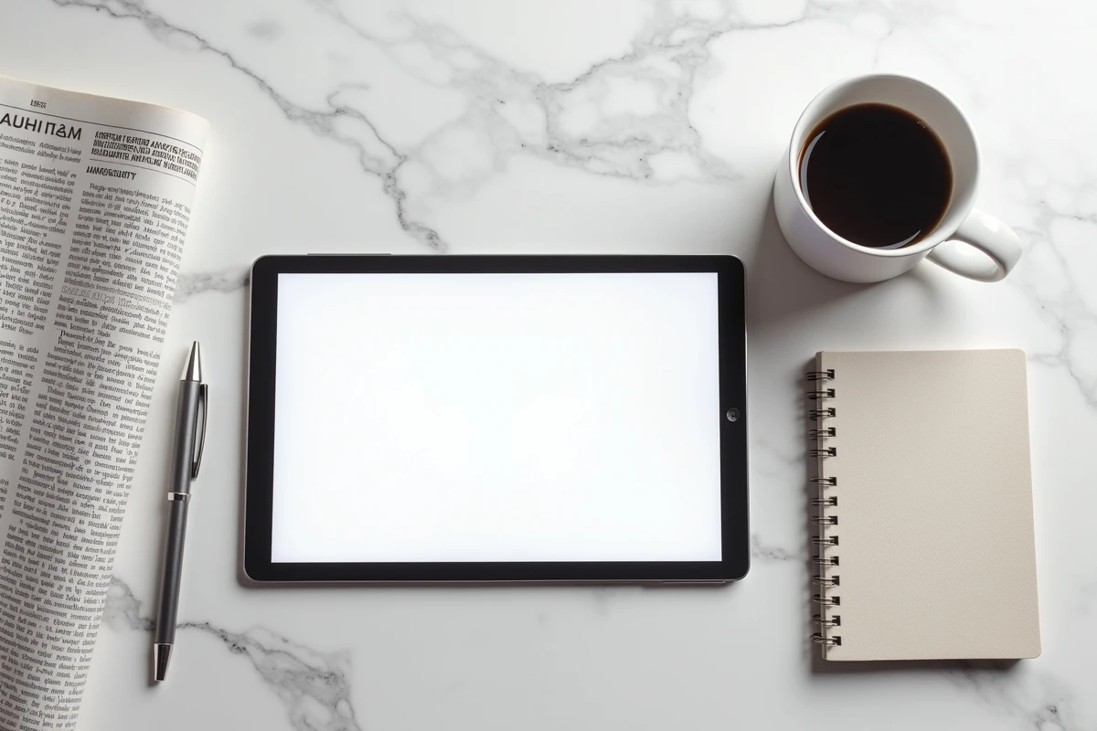 Vue aérienne d'une tablette affichant un site d'information généraliste avec café et journal sur surface en marbre