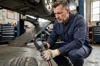 Technicien automobile vérifiant la pression des pneus avec un manomètre numérique dans un garage professionnel