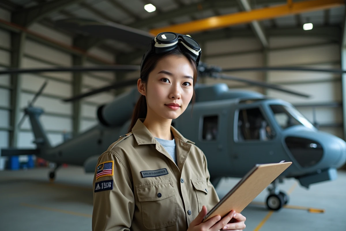Technicienne de maintenance aéronautique militaire consultant un manuel technique devant un hélicoptère en hangar