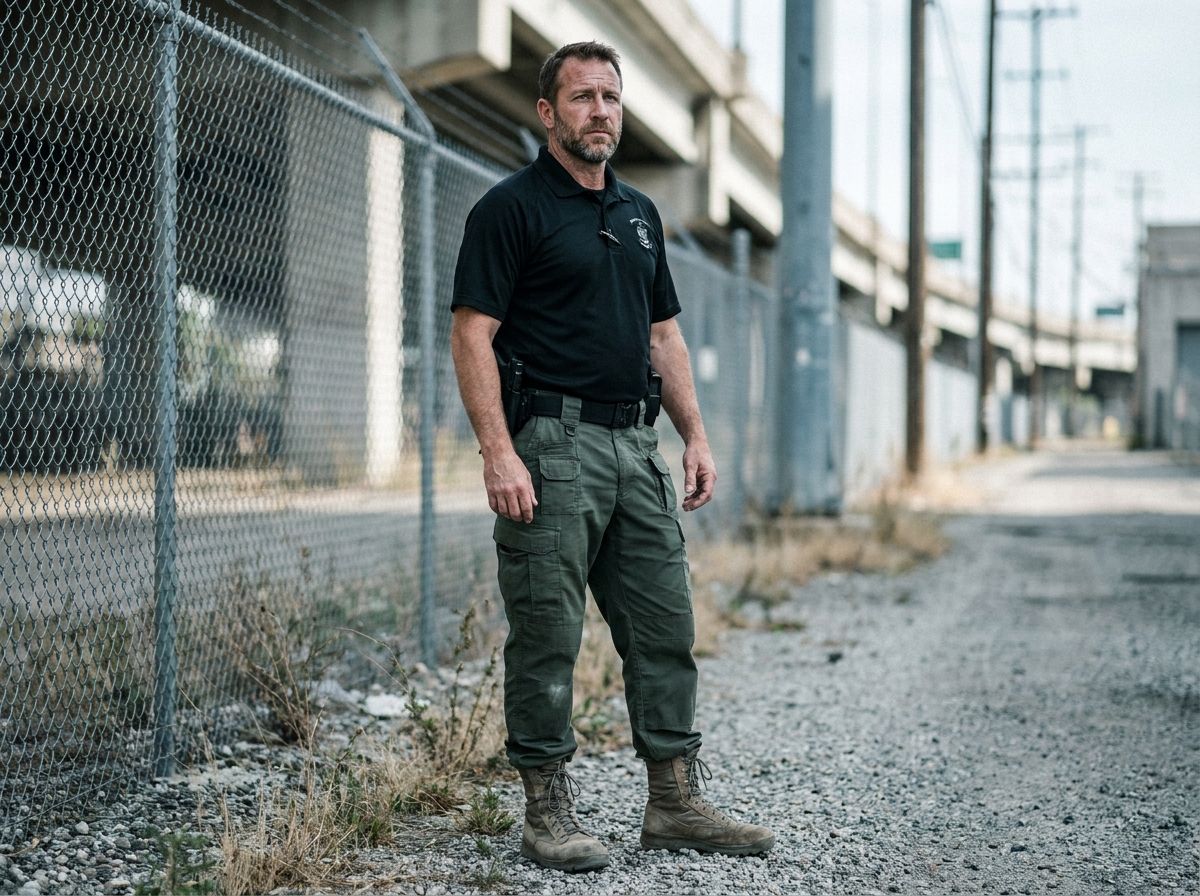 Agent de sécurité en tenue tactique fonctionnelle avec pantalon cargo ripstop et polo technique dans un environnement urbain extérieur