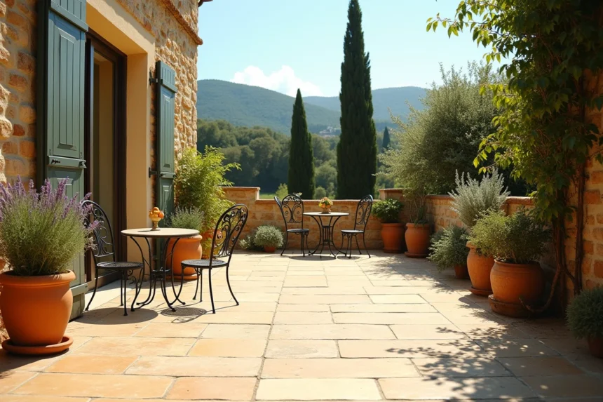 Terrasse en travertin beige avec pot de lavande et chaise en fer forgé dans un jardin provençal