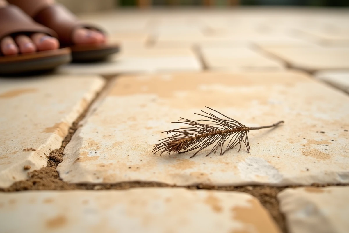 Gros plan sur la texture naturelle et les alvéoles du travertin en terrasse extérieure