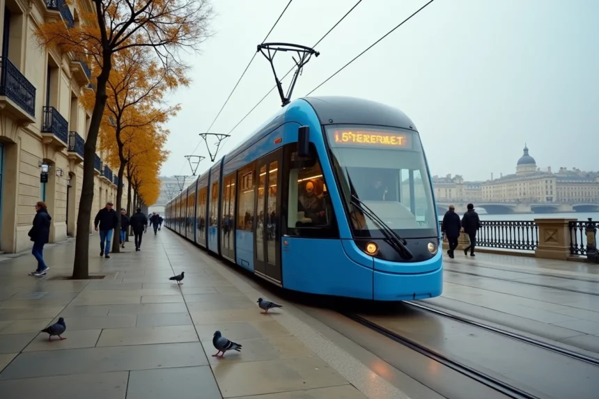 Tramway de Bordeaux longeant les quais de la Garonne avec les façades haussmanniennes en pierre de taille en arrière-plan