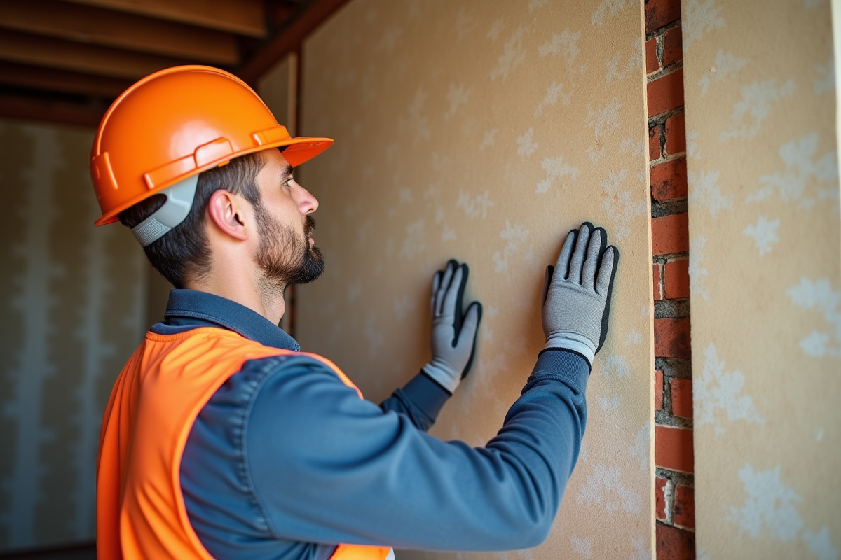 Ouvrier appliquant des panneaux d'isolation thermique sur un mur
