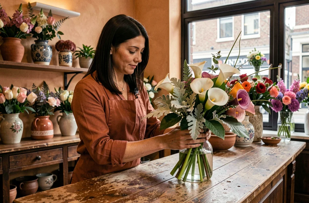 Fleuriste arrangeant un bouquet élégant d'arums et lys calla dans la boutique Un Zest d'Arum à Lille
