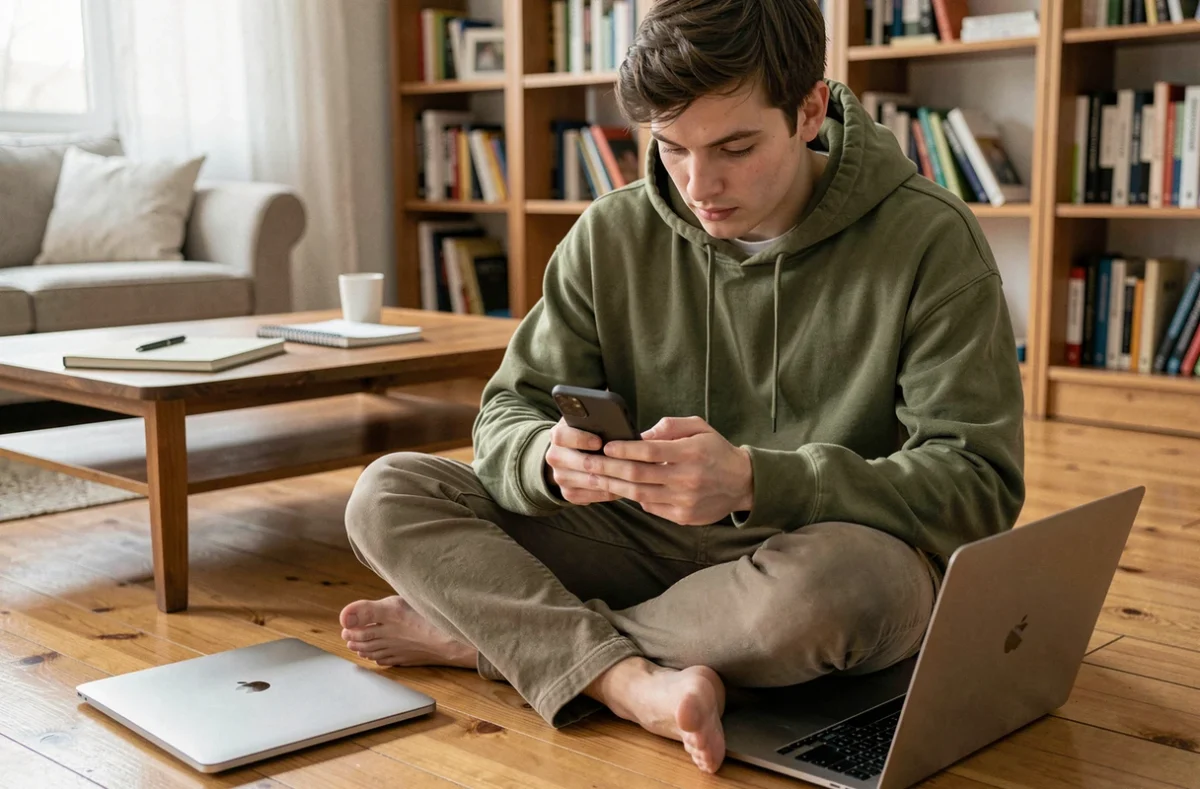Jeune adulte naviguant vers une URL depuis un smartphone en télétravail à domicile