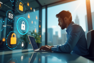 Personne utilisant un ordinateur portable dans un bureau moderne avec cadenas et icônes d'alerte