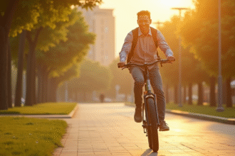 Cycliste heureux roulant en vélo électrique dans un parc urbain ensoleille