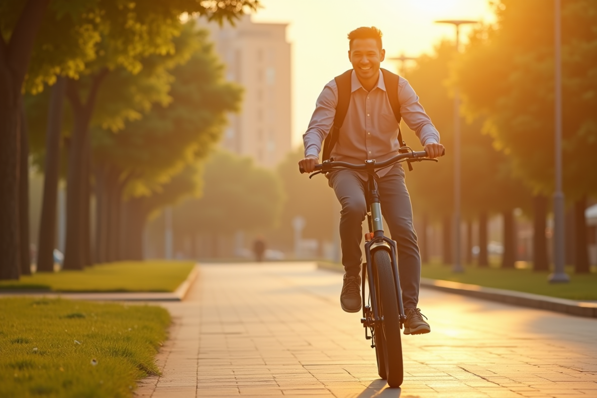 Cycliste heureux roulant en vélo électrique dans un parc urbain ensoleille