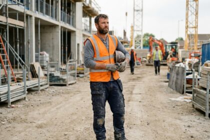 Ouvrier en vêtements de travail professionnels sur un chantier de construction, portant gilet haute visibilité et pantalon renforcé