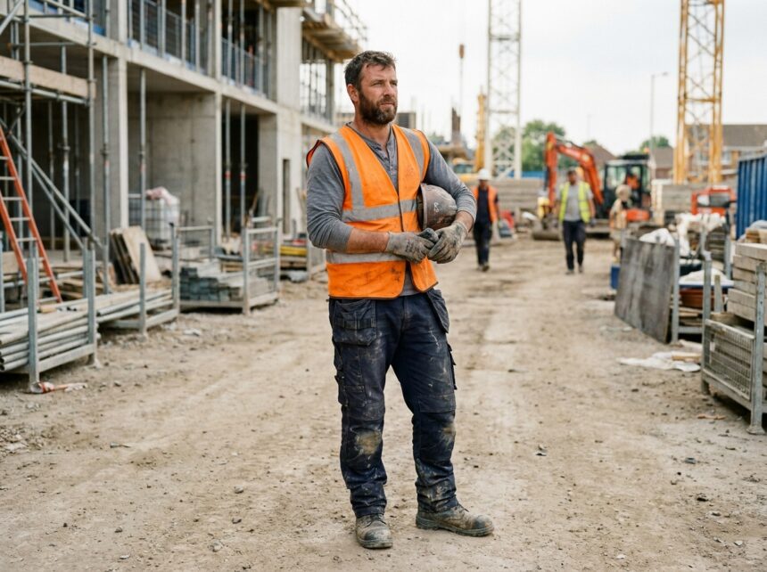 Ouvrier en vêtements de travail professionnels sur un chantier de construction, portant gilet haute visibilité et pantalon renforcé