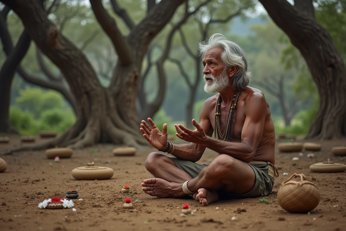 Vieil homme pratiquant un rituel en plein air dans une clairière entourée d'arbres anciens avec des offrandes disposées au sol