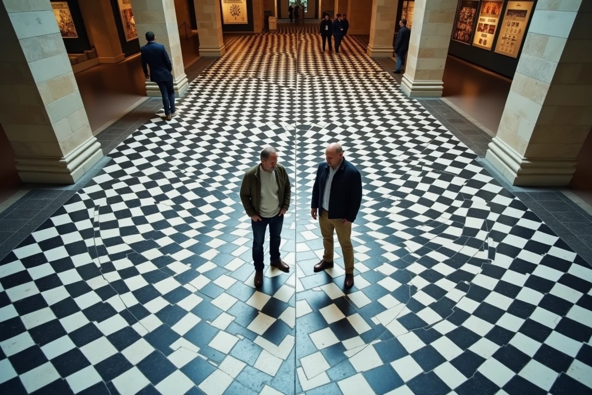 Deux visiteurs désorientés observent un sol en mosaïque géométrique en trompe-l'œil inspiré de l'univers d'Escher dans un musée