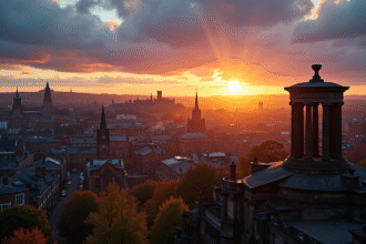 Paysage urbain d'Edinburgh au coucher de soleil avec bâtiments historiques