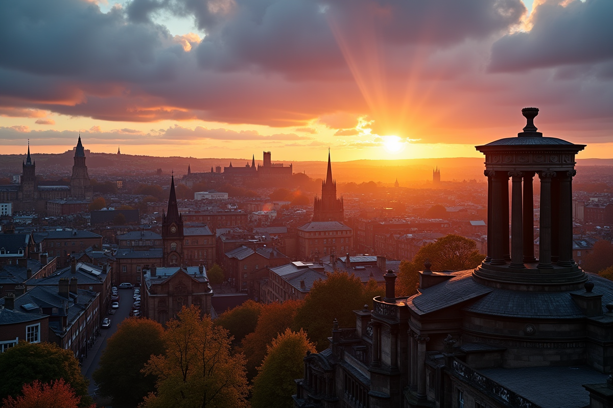 Paysage urbain d'Edinburgh au coucher de soleil avec bâtiments historiques